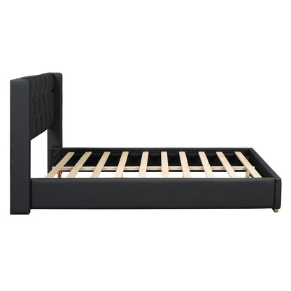 Queen Size Upholstered Platform Bed with Metal Strips, Black