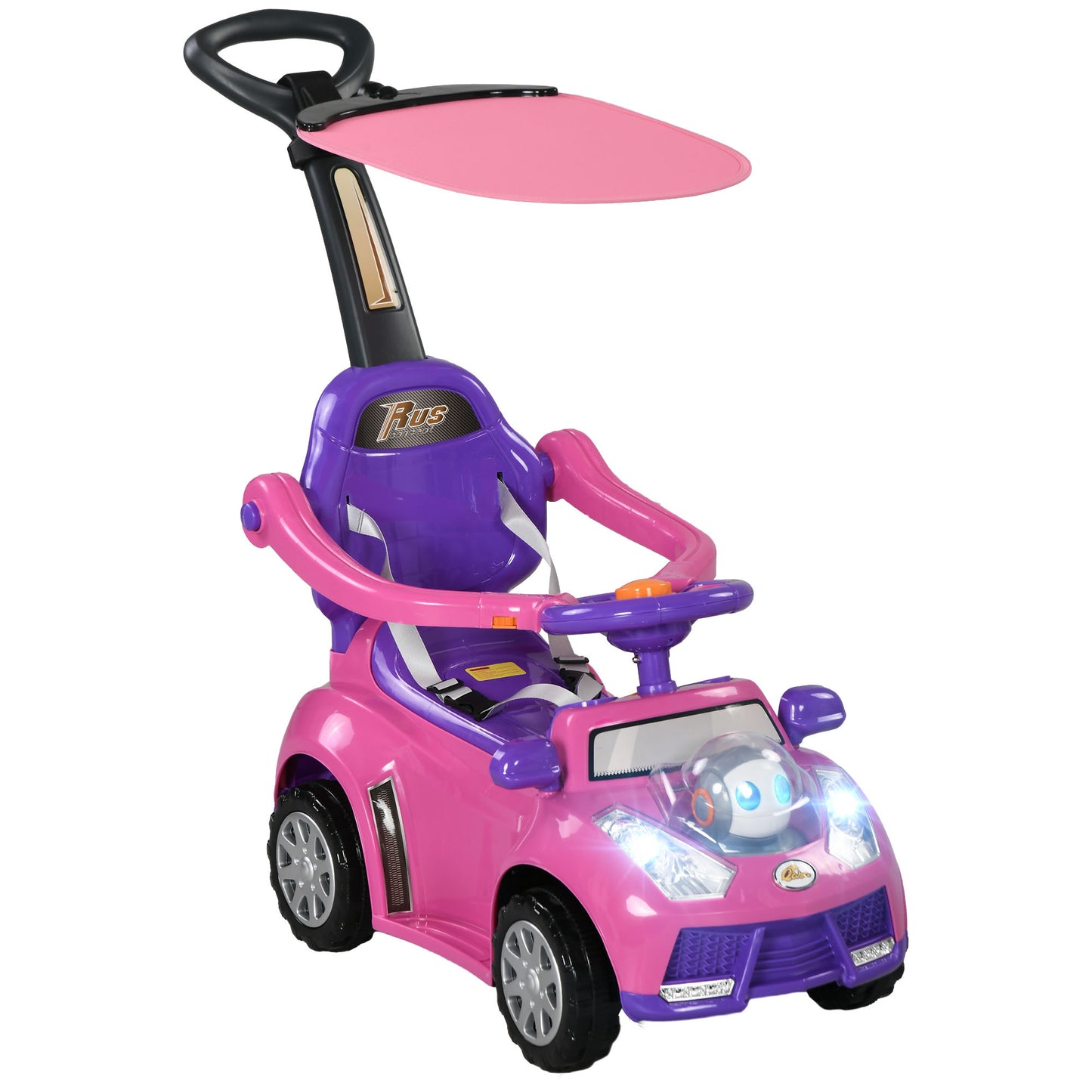 Qaba Push Car for Kids 1-3 Years, 3 in 1 Ride on Sliding Car, Foot to Floor Baby Push Car with Removable Handle, Music, Horn, Canopy, Safety Guardrail for Boys and Girls, Pink
