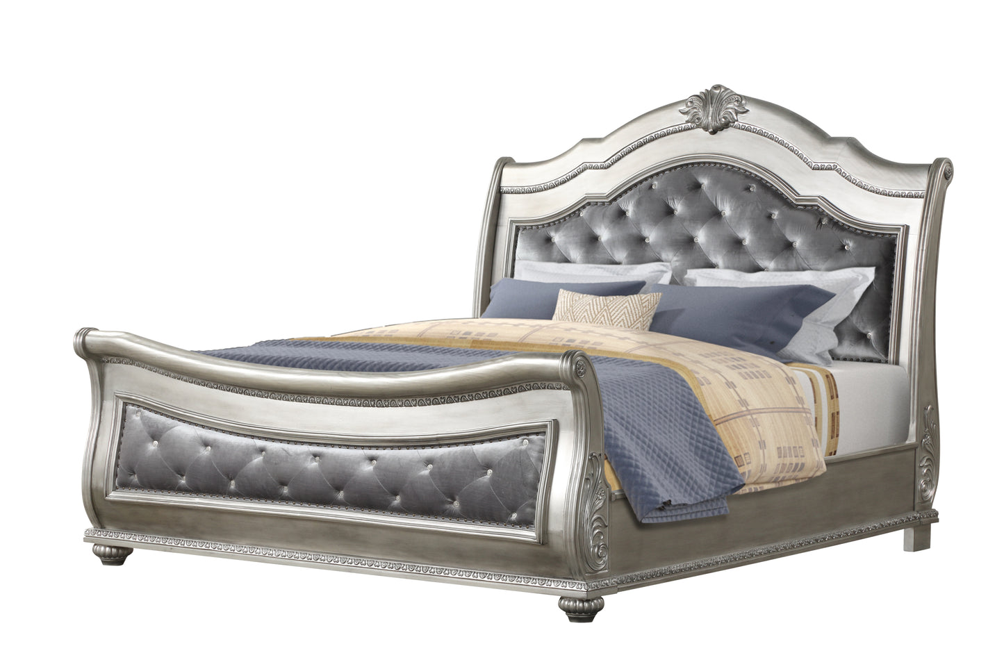 Destiny Traditional Style 5 Pc Queen Bedroom Set With Upholstered Crystal-Tufted bed Made with Wood in Silver