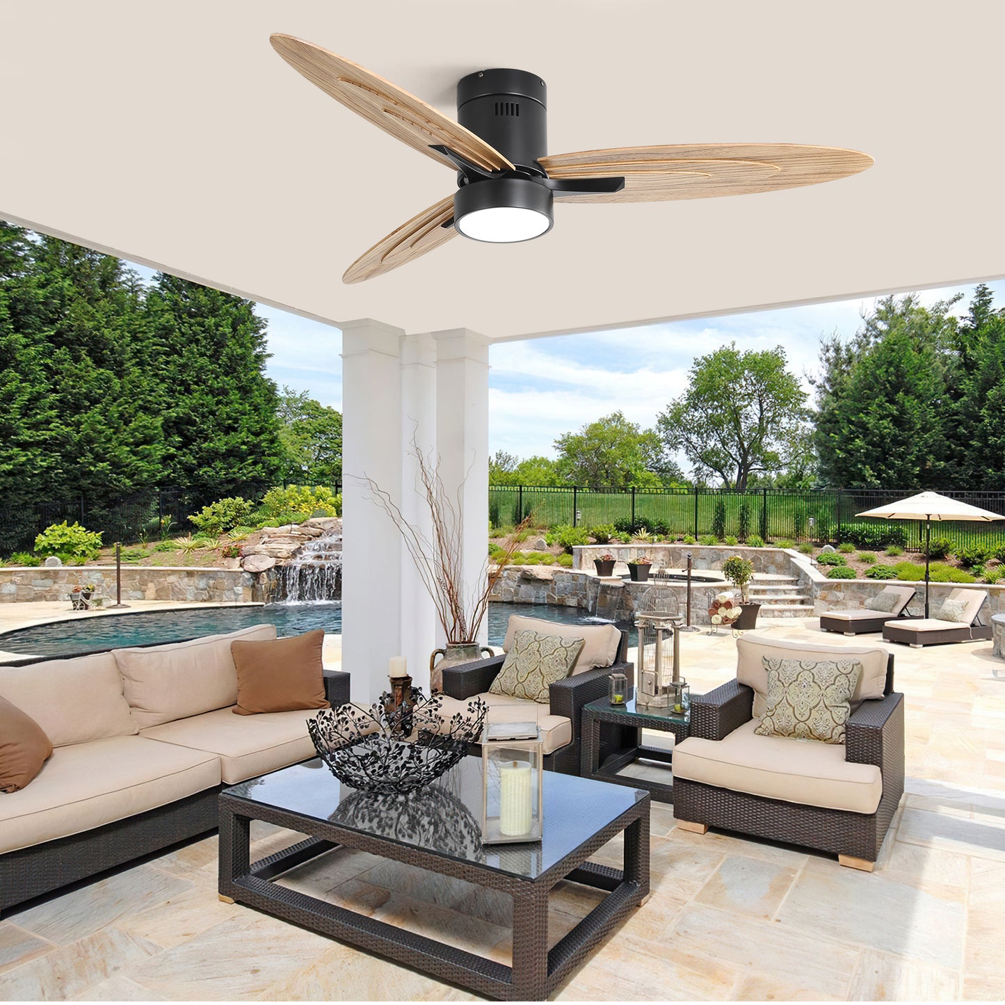 56 Inch Modern Design Flush Mount Ceiling Fan with Light and Remote Control, 3 Solid Wood Blades Reversible DC Motor Black for Living Room