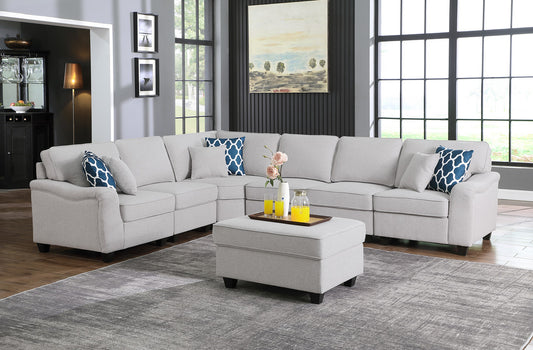 Leo 125" Light Gray Linen 7Pc Modular L-Shape Sectional Sofa and Ottoman