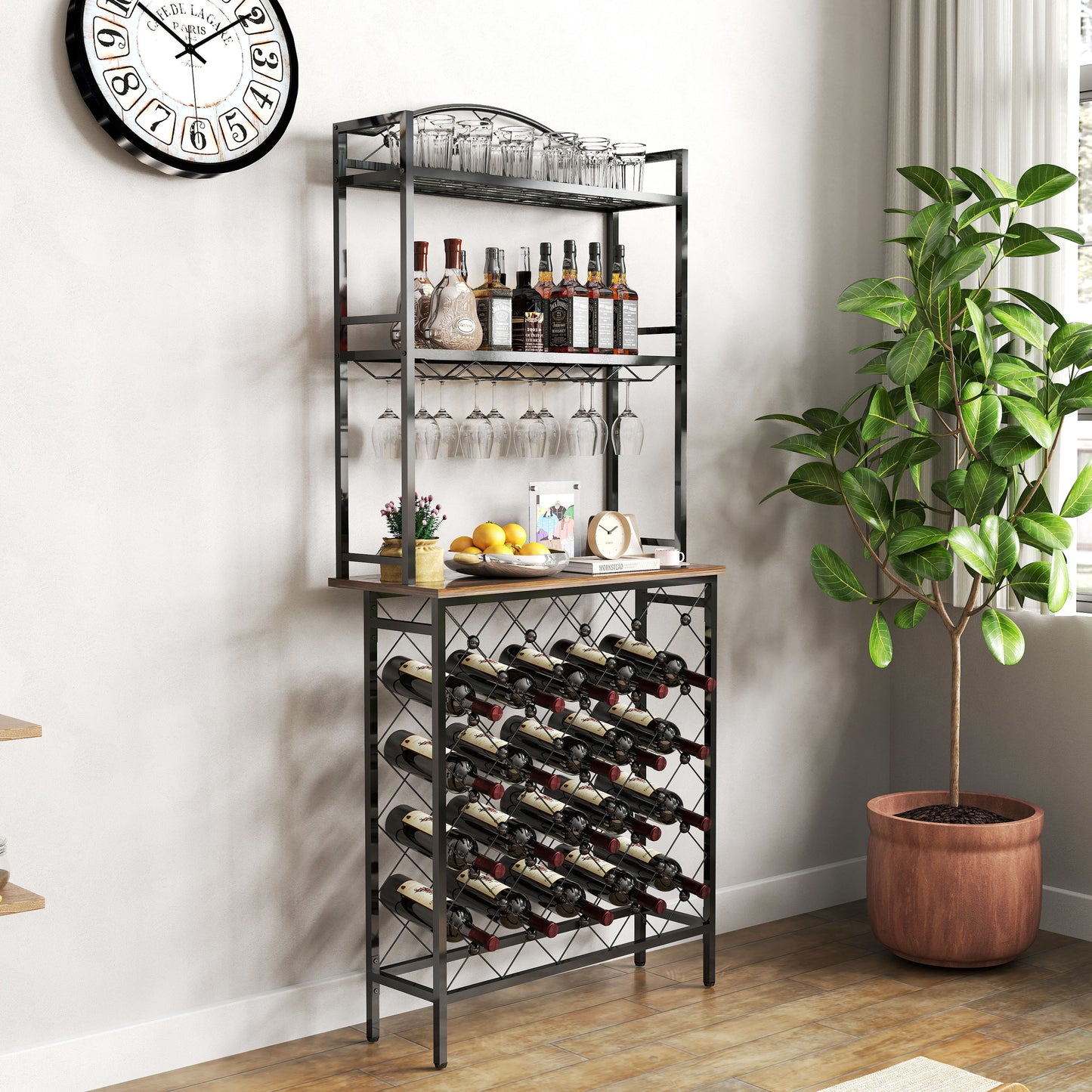 Industrial Wine Rack Bar Table, 3-Tier Liquor Bottle and Glass Holder with Storage Shelves, Metal and Wood Wine Organizer for Home Kitchen, Dining Room, and Living Room