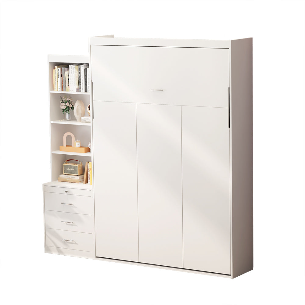 Full Size Vertical Murphy Bed with Shelf and Drawers for Bedroom or Guestroom White Wall Bed Space Saving Hidden Bed, updated Gas Strut design.