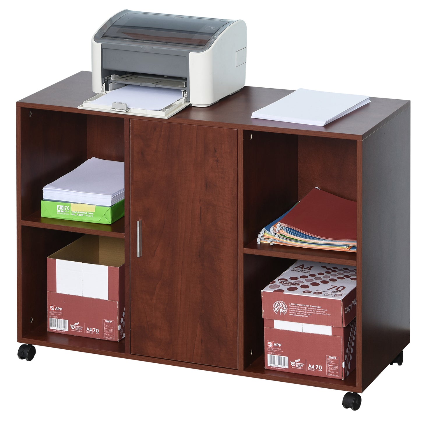 Vinsetto Mobile File Cabinet and Printer Stand for Home Office, Mobile Printer Table with 4 Open Storage Shelves, Door Cabinet, Wheels, Brown