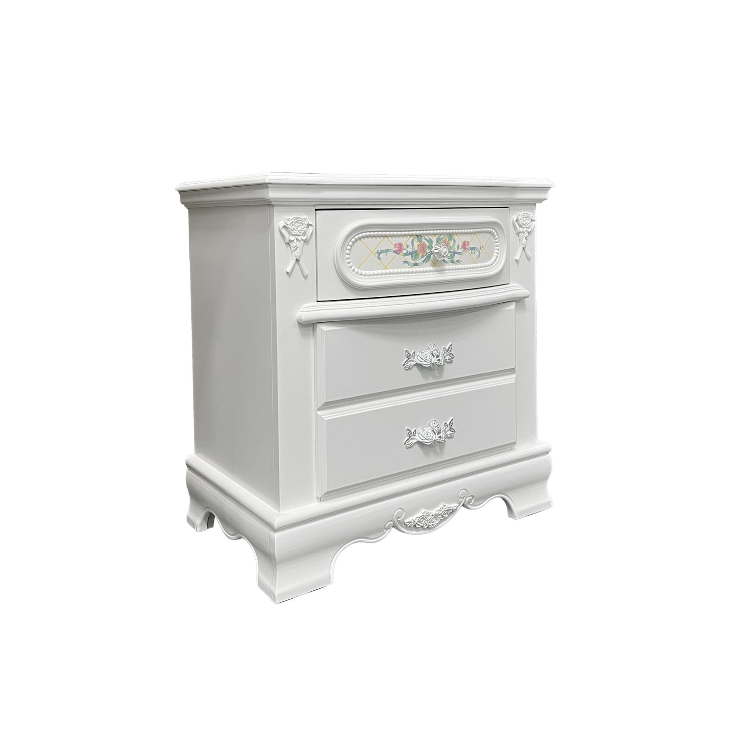 White 2-Drawer Nightstand with Floral Motifs