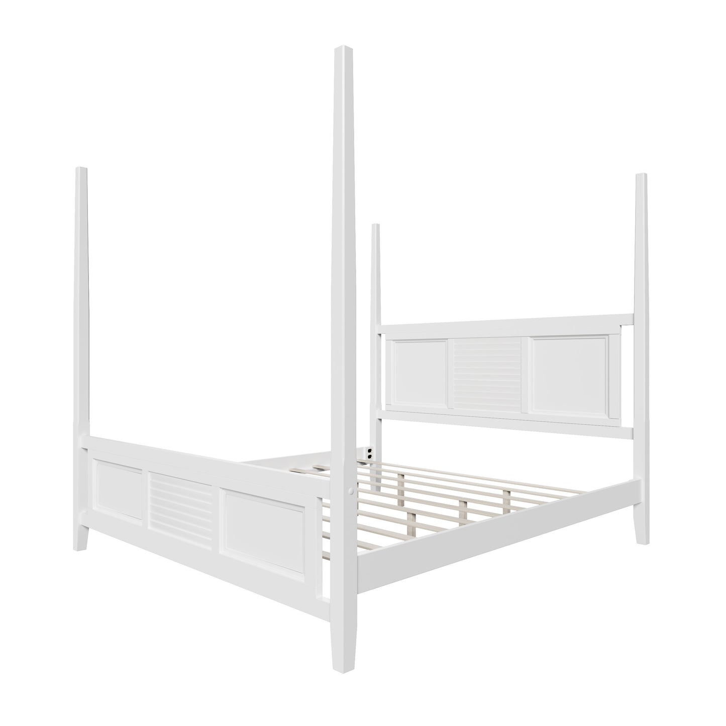 Traditional King Size Solid Wood Four Poster Bed with Horizontal Grille Design, White