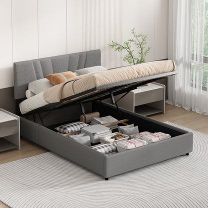 Queen Upholstered Platform Bed with Lifting Storage, Queen Size Bed Frame with Storage and Tufted Headboard,Wooden Queen Platform Bed for Kids Teens Adults,No Box Spring Needed(Queen, Grey)