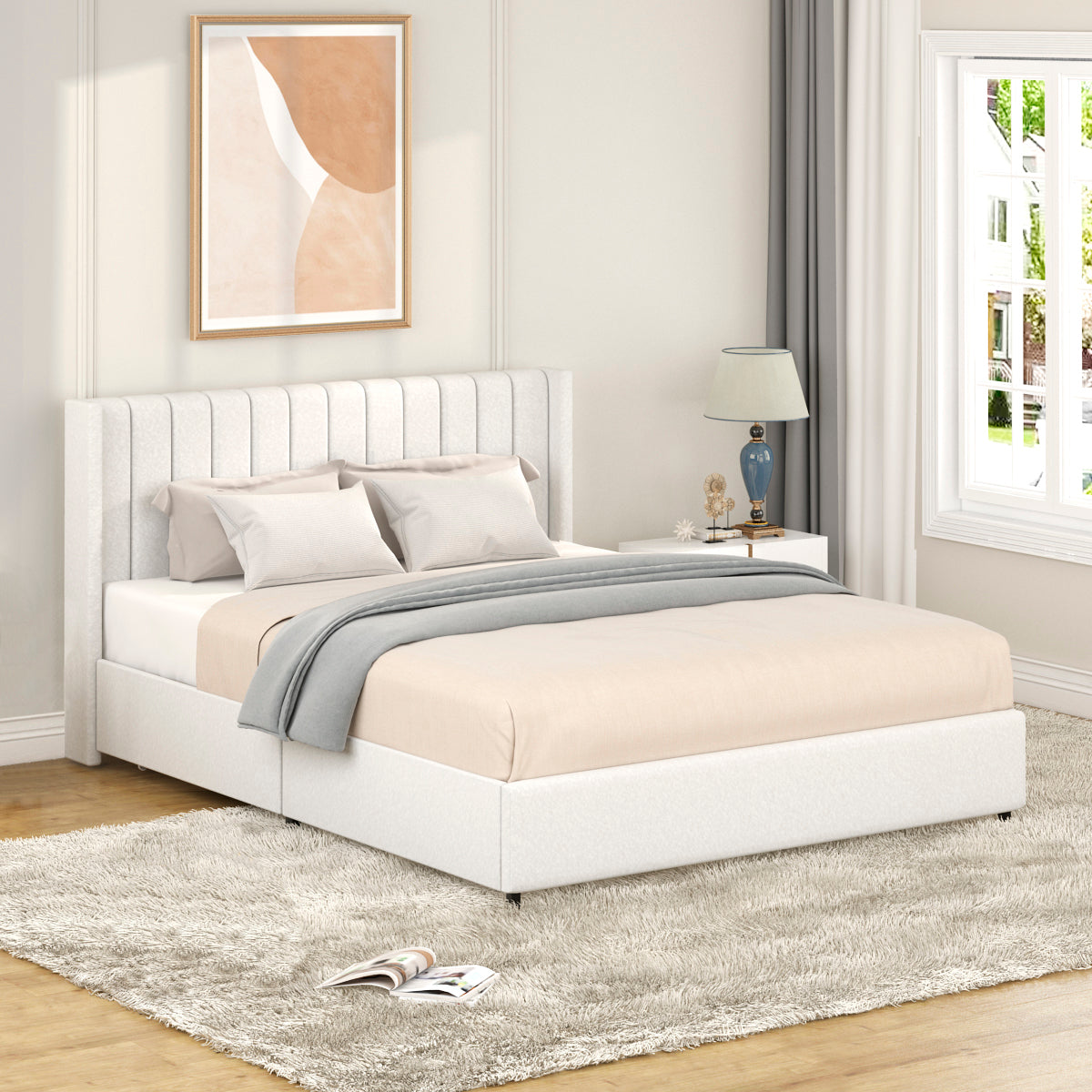 Same as B083P156197 Anda Patented 2-Drawers Storage Bed Queen Size Ivory Boucle Upholstered Platform Bed, Tufted Headboard, Wooden Slat Mattress Support, No Box Spring Needed
