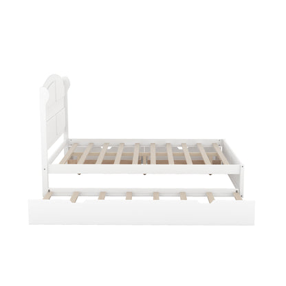 Wood Queen Size Platform Bed with Twin Size Trundle and 2 Drawers, White