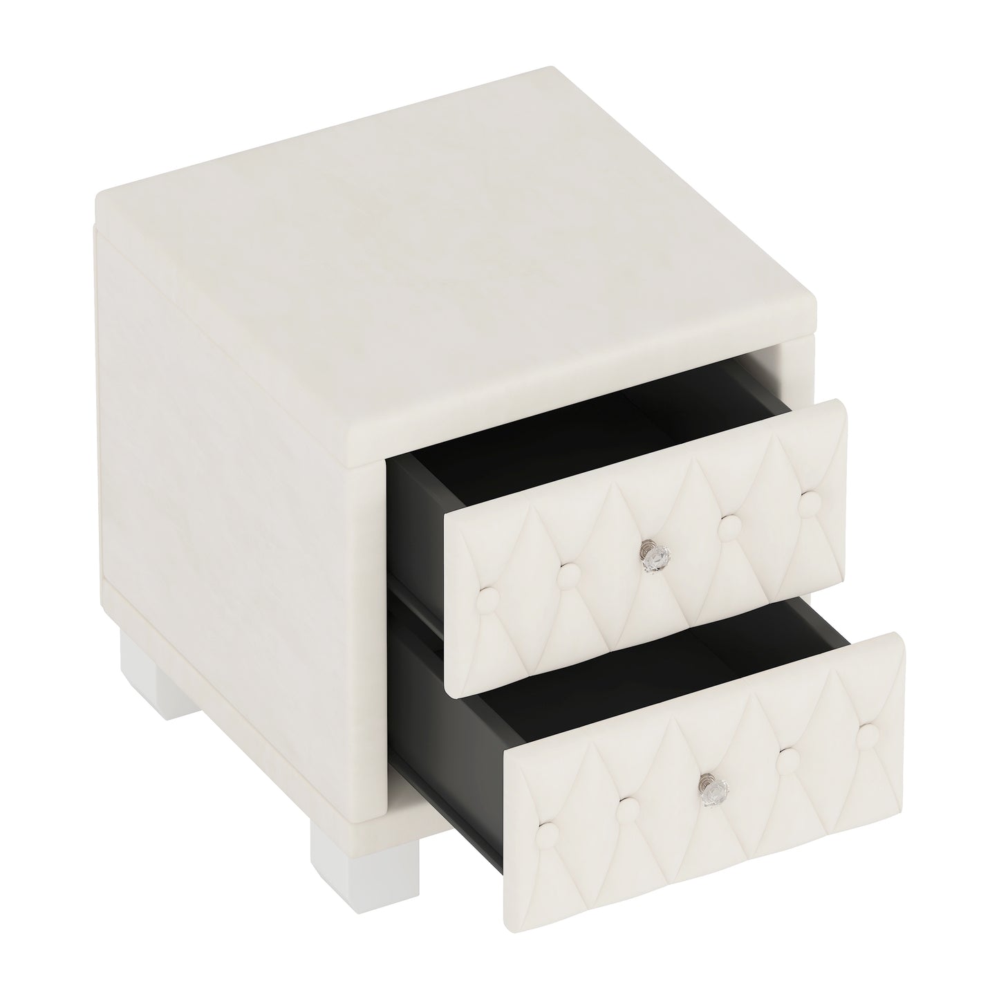 Elegant Velvet Nightstand with 2 Drawers and Crystal Handle, Storage Bedside Table with Button-Tufted, Beige