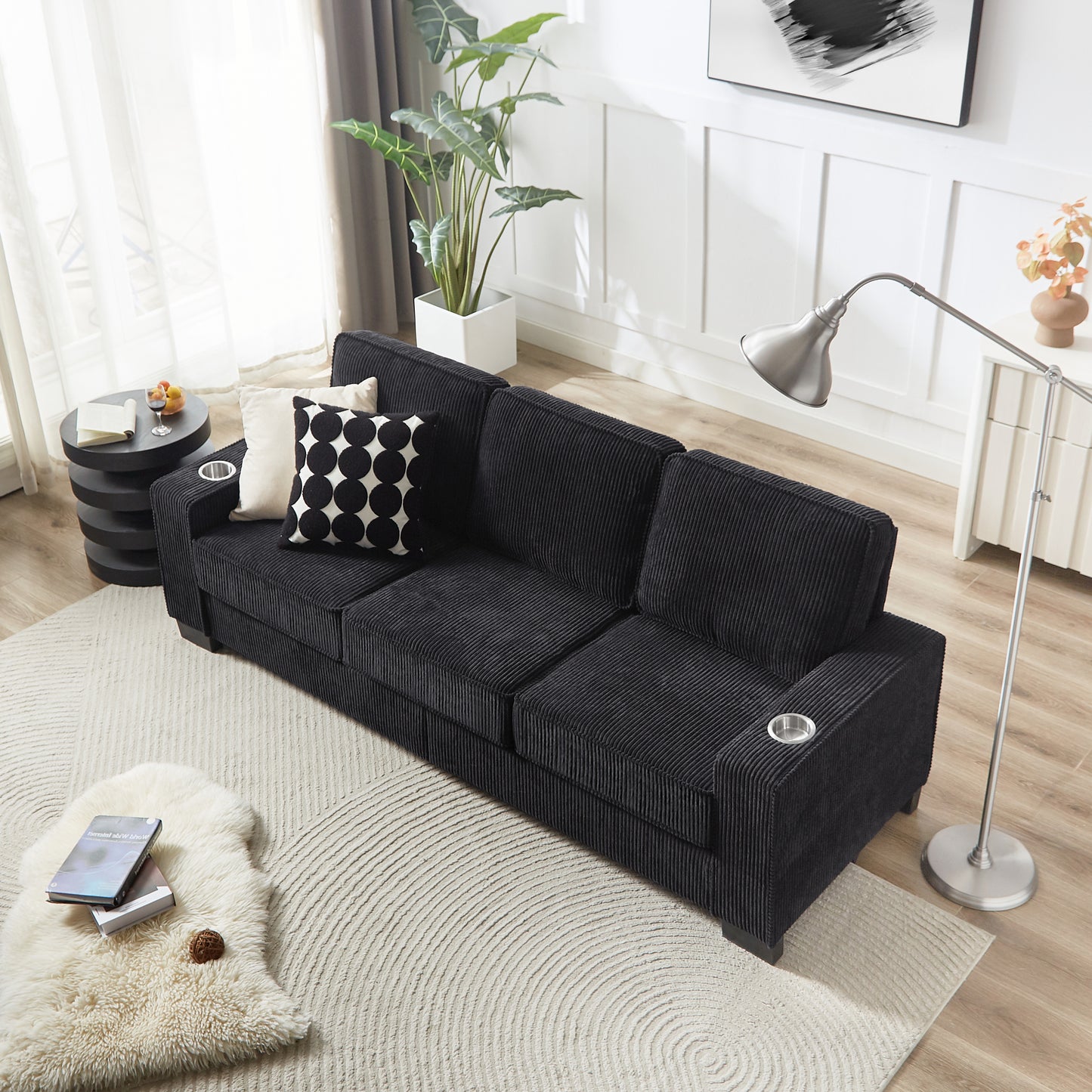 83.86"Corduroy Fabric sofa,Modern Compressed Couch,3-Seater Sofa, Furniture for Living Room,Bedroom,office ,Black