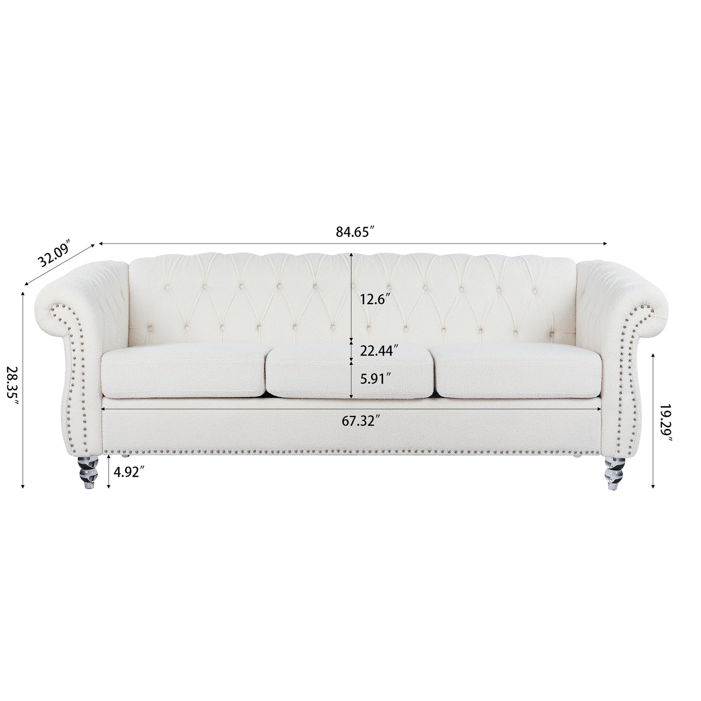 84.65" Rolled Arm Chesterfield 3 Seater Sofa