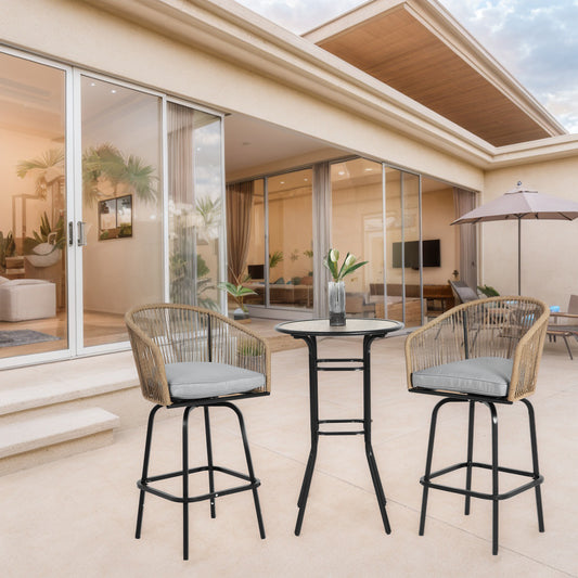 3pcs Outdoor Bar Set, Patio Bar Table and Chairs Set, Bar Height Patio Set - 2 x Swivel Bar Chairs , 1 x Round Bar Table(DPC Wood-Like)-Grey