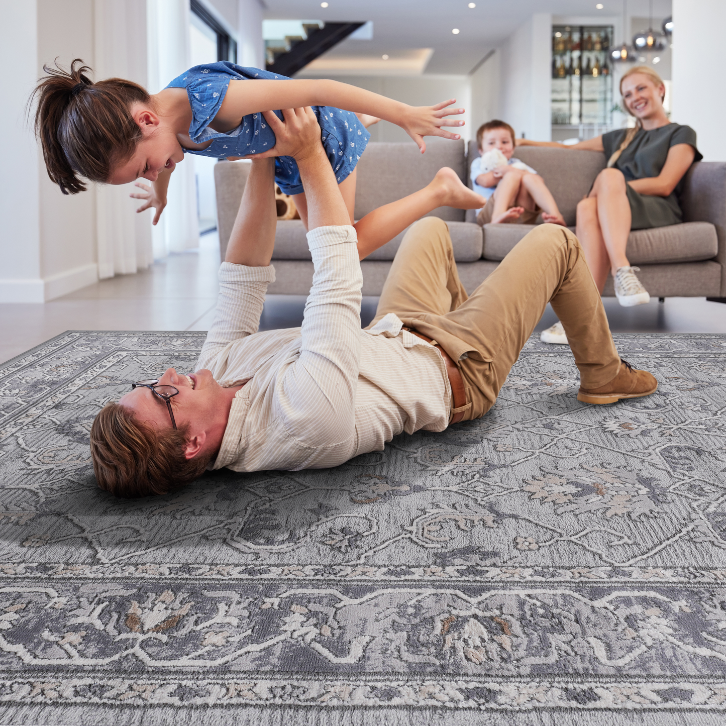 5X7 Ivory/Grey/Oriental Non-Shedding Living Room Bedroom Dining Home Office Stylish and Stain Resistant Area Rug