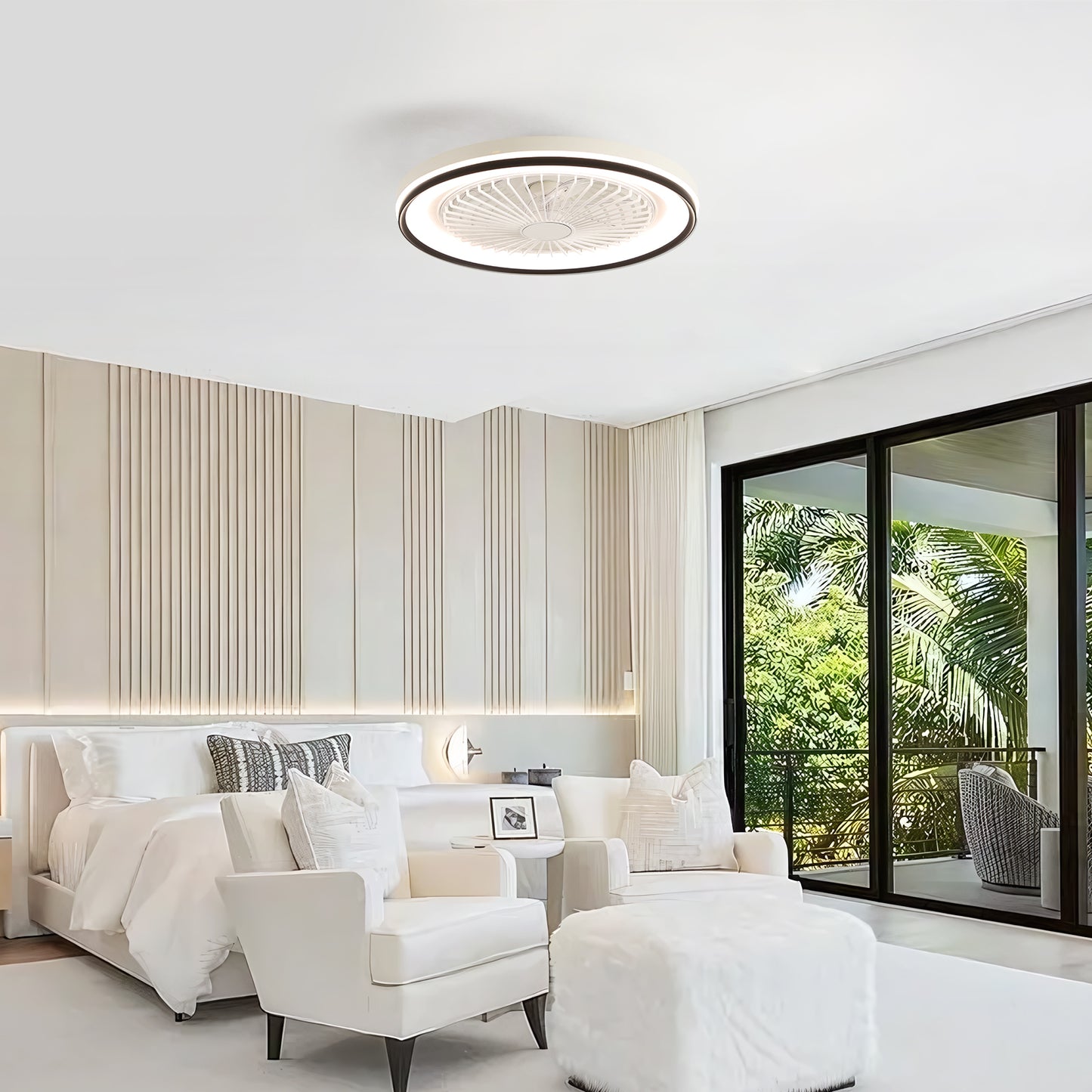 19 Inch RGB Dimmable Led Enclosed Ceiling Fan with Light Flush Mount Bladeless 6 Speed Remote Control for Bedroom Party