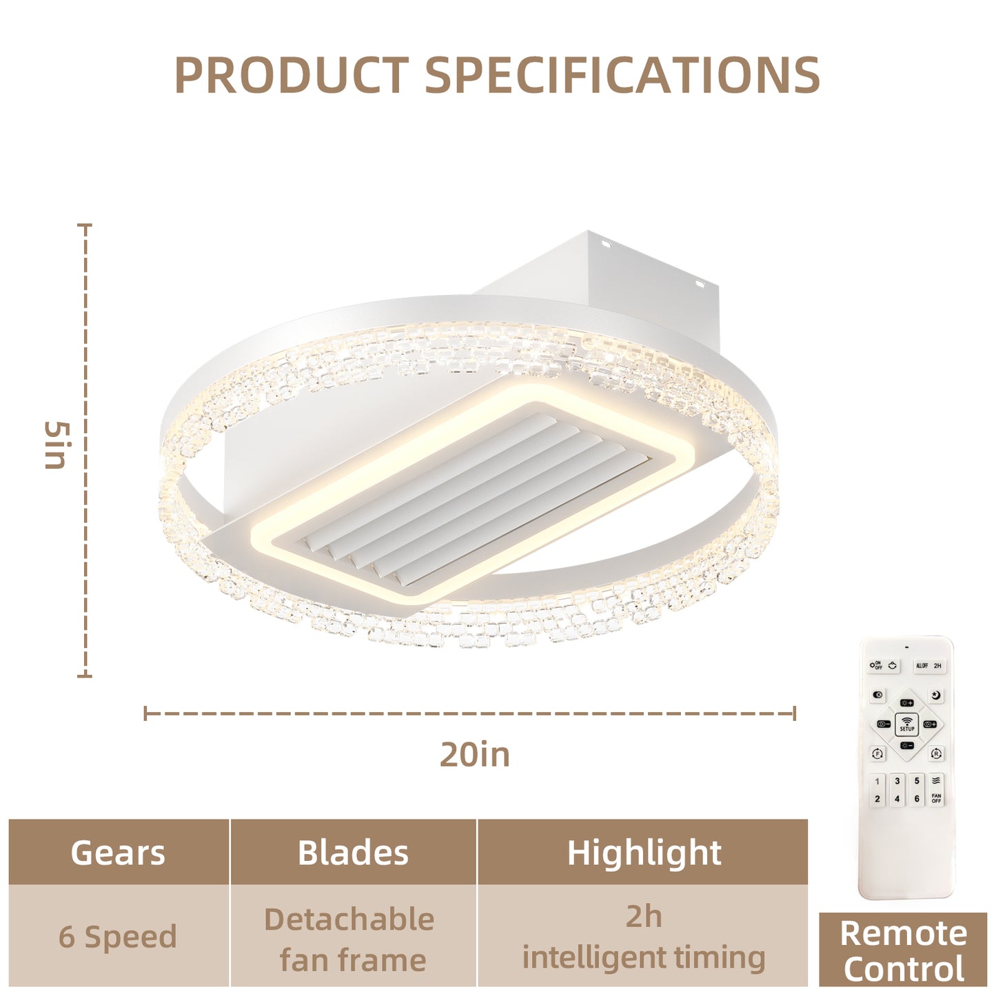 20inch Modern Leafless Ceiling Fan with Remote Control Removable and Washable, Reversible Motor