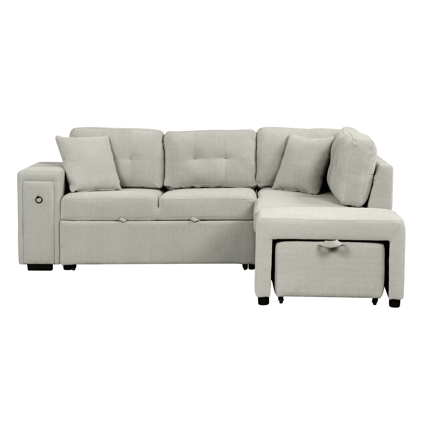 86.6" Sectional Sofa L-shaped Sofa Couch Pull-out Sofa Bed with a Movable Ottoman, Two USB Ports and Two Cup Holders for Living Room, Gray
