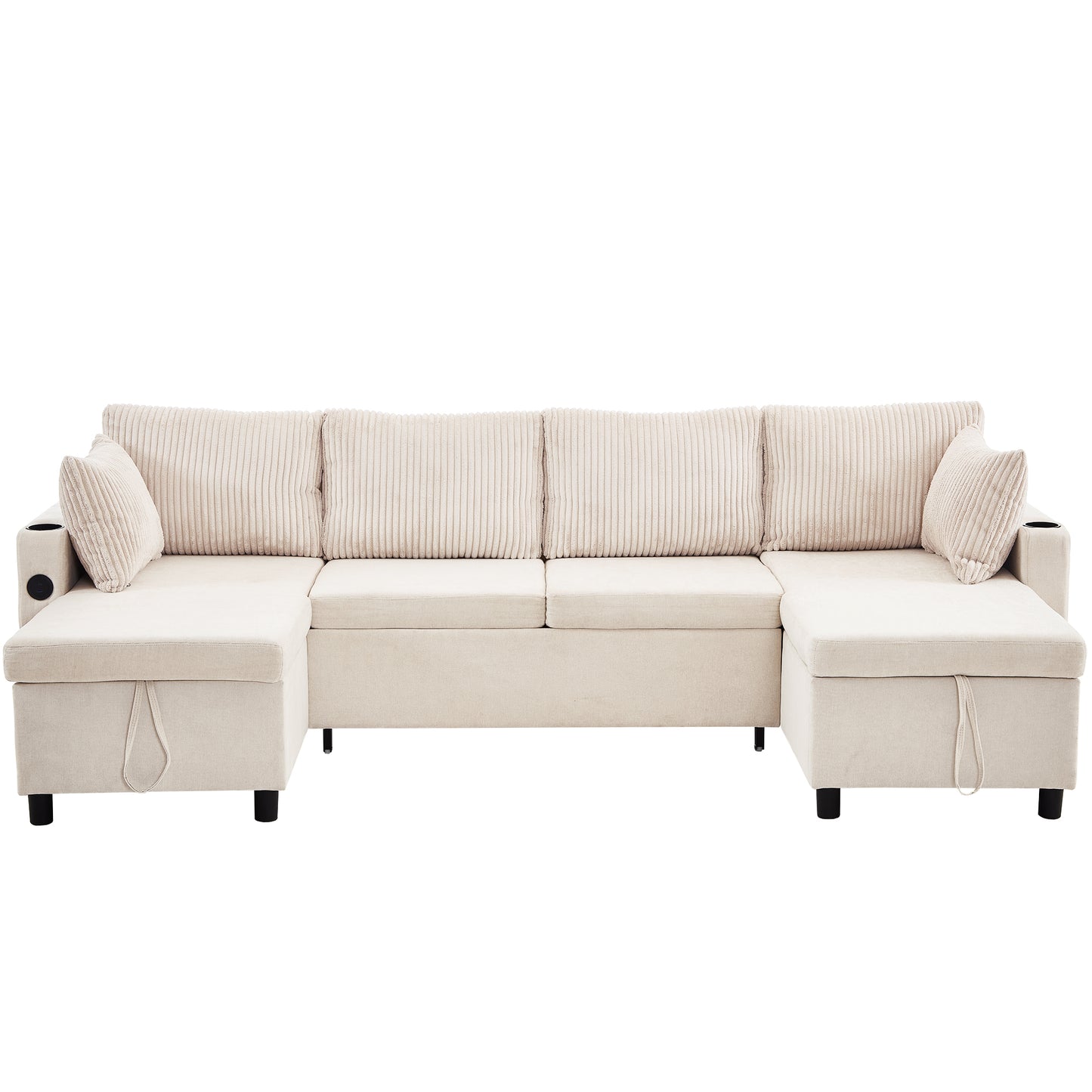 111.8" Sectional Sofa Pull-out Sofa Bed Versatile Sofa Sleeper with Large Storage Space, Two USB Ports and Two Cup Holders for Living Room, Beige