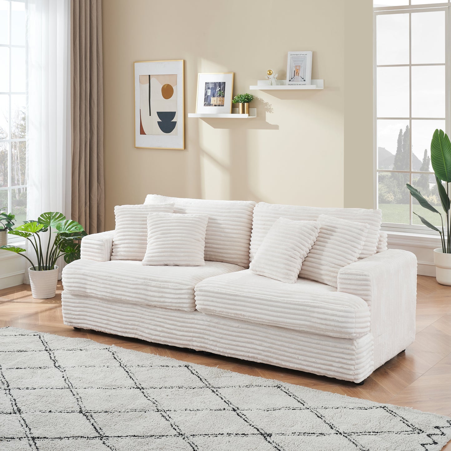 79.3 inches long, Corduroy Sofa, with 4 Matching Toss Pillows Sleek Design Spacious and Comfortable 3 Seater Couch for Modern Living Room,WHITE