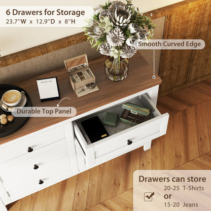 Retro Farmhouse Style Wooden Dresser with 6 Drawer, Storage Cabinet for Bedroom, White+Brown