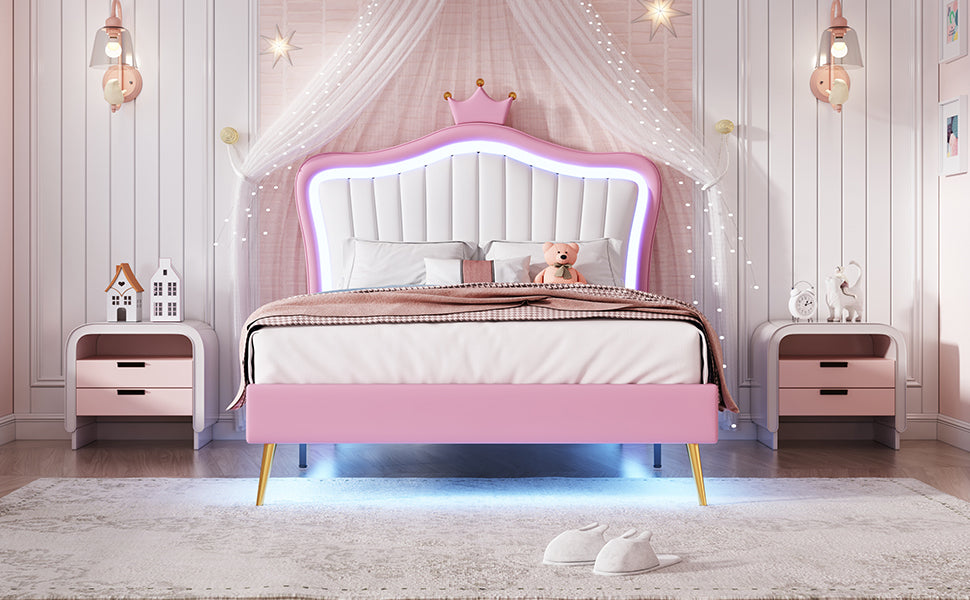 Twin Size Upholstered Bed Frame with LED Lights, Modern Upholstered Princess Bed With Crown Headboard,White+Pink