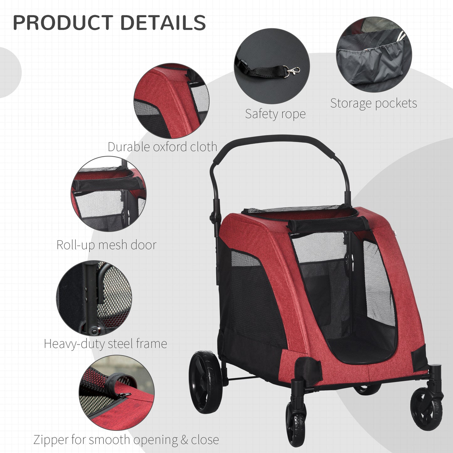 PawHut Pet Stroller Universal Wheel with Storage Basket Ventilated Foldable Oxford Fabric for Medium Size Dogs, Red