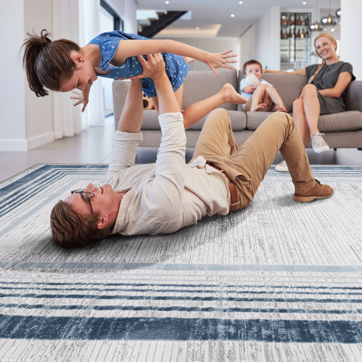 5X7 Blue/Ivory/Bordered Non-Shedding Living Room Bedroom Dining Home Office Stylish and Stain Resistant Area Rug