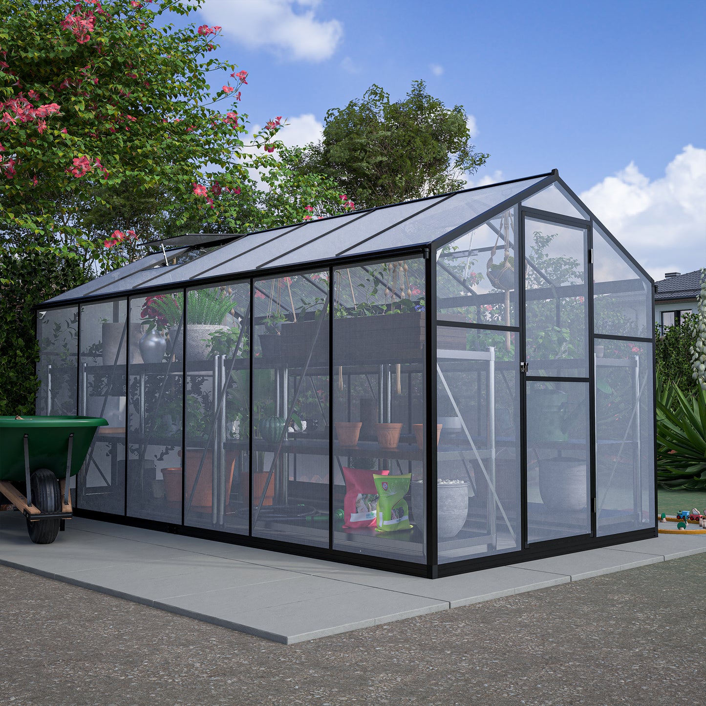 6' x 12' Thicked Polycarbonate Greenhouse, Greenhouse with Double Flush Door, Rain Gutter and Ventilation Window, Green House for Sunroom, Garden, Backyard, Walk-in Large Winter Greenhouse