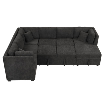 108.6" U-shaped Sectional Sofa Pull out Sofa Bed with Two USB Ports, Two Power Sockets, Three Back Pillows and a Storage Chaise for Living Room, Black