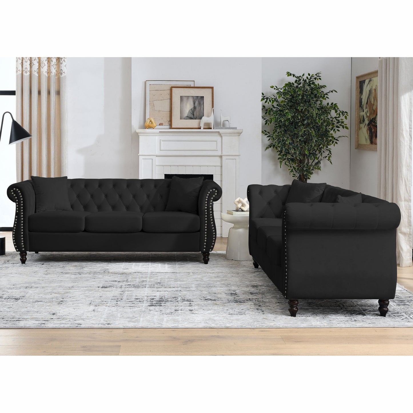 80" Chesterfield Sofa Black Velvet for Living Room, 3 Seater Sofa Tufted Couch with Rolled Arms and Nailhead for Living Room, Bedroom, Office, Apartment, 3S With 3S