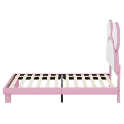 Twin Size Upholstered Platform Bed with Cartoon Ears Shaped Headboard and LED, White&Pink