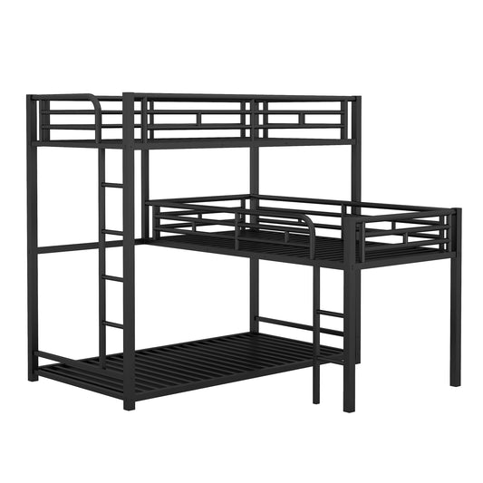 L-shaped Metal Triple Twin Size Bunk Bed, Black, Modern Industrial Design with Integrated Ladder and Full-Length Guardrails