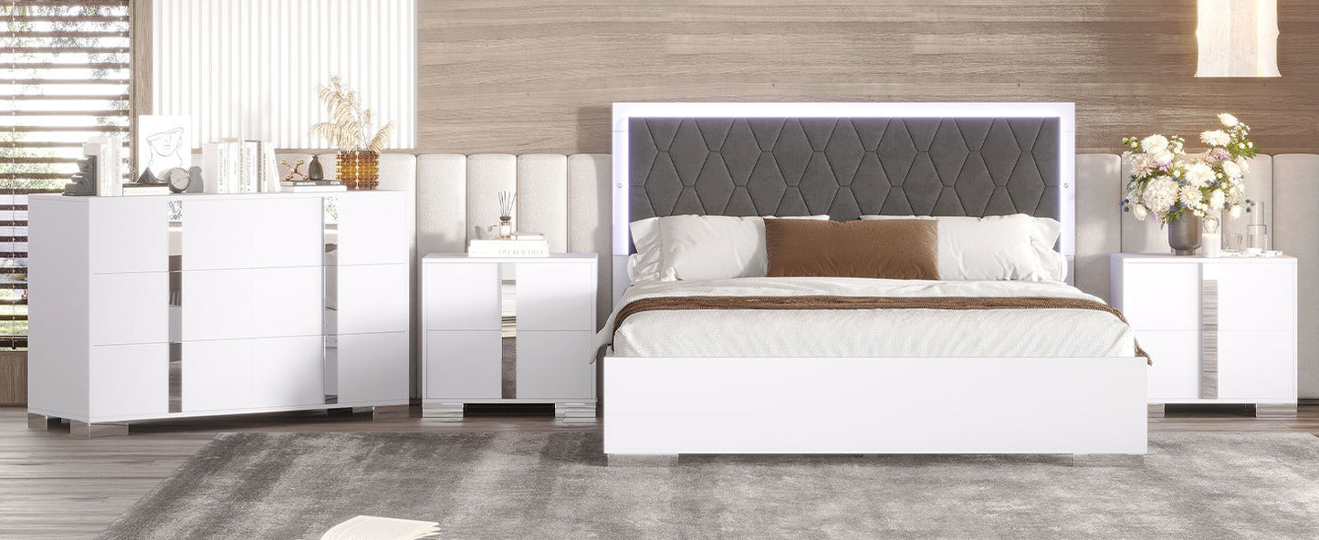 4-Pieces Bedroom Sets Queen Size Upholstered Bed with LED Lights, Mirrored Nightstands and Dresser with Metal Handles and Legs,White