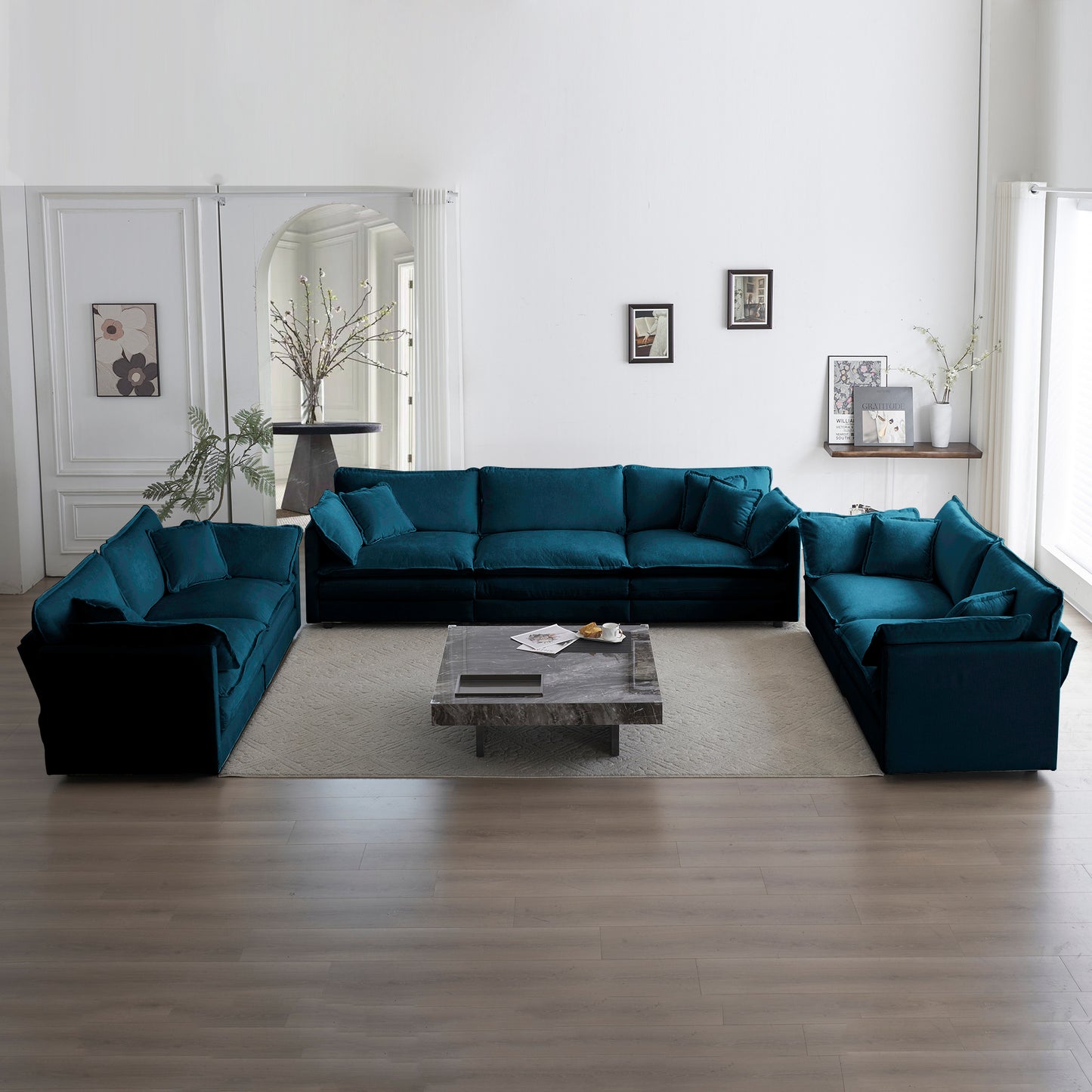 3 Piece Sofa Set Oversized Sofa Comfy Sofa Couch, 2 Pieces of 2 Seater and 1 Piece of 3 Seater Sofa  for Living Room, Deep Seat Sofa Blue Chenille