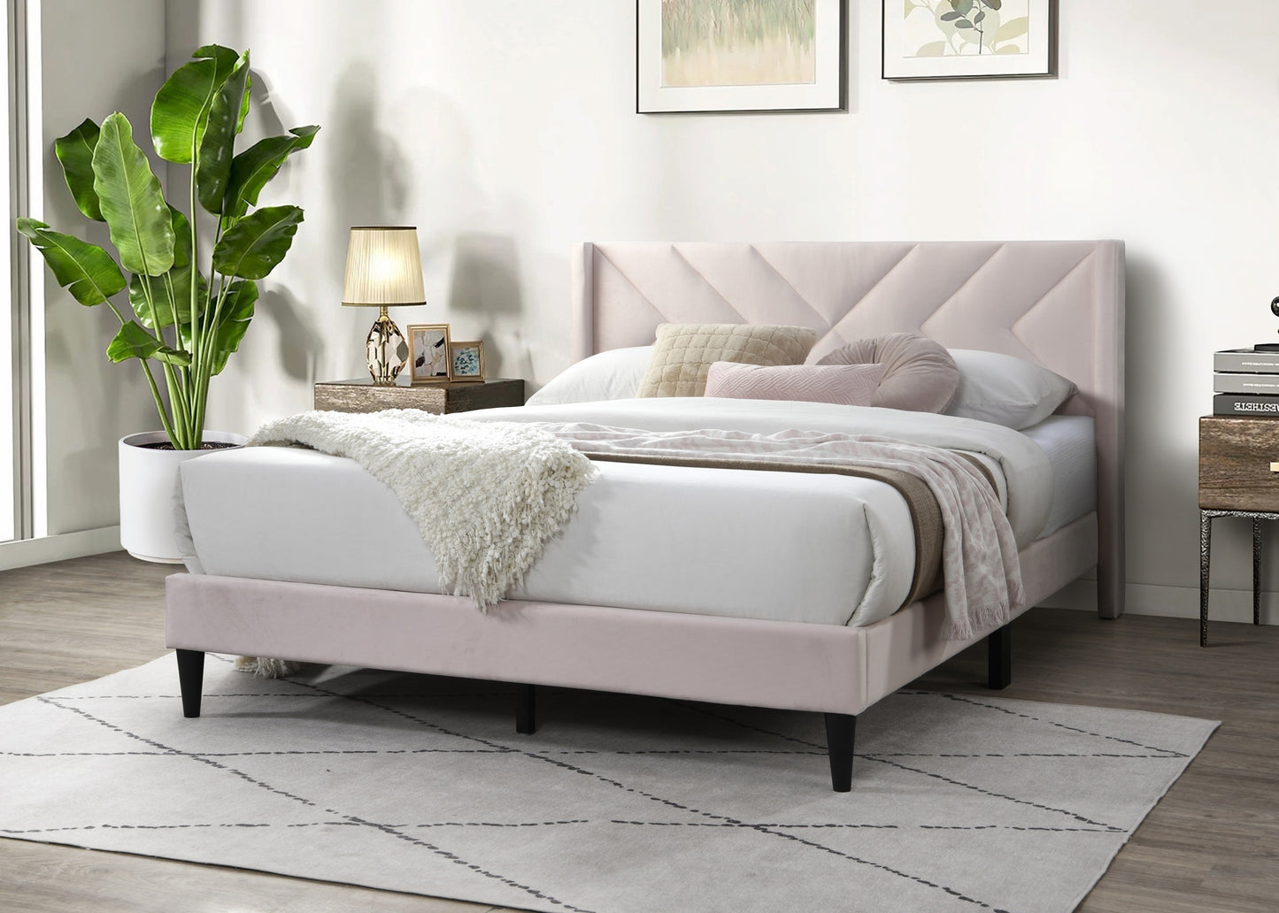 Elegant Modern Light Pink Velvet Upholstered Queen Size Bed Clean Lines Design Headboard 1pc Bedframe