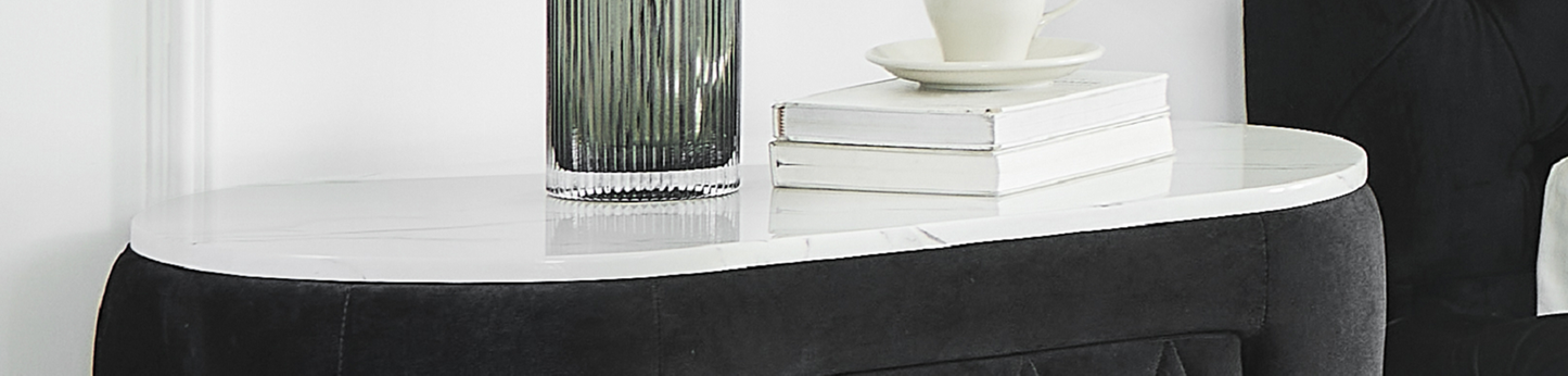 1pc Oval Faux Marble Top Nightstand 2- Drawers Storage Black Finish Button Tufted Faux Crystal Tufted