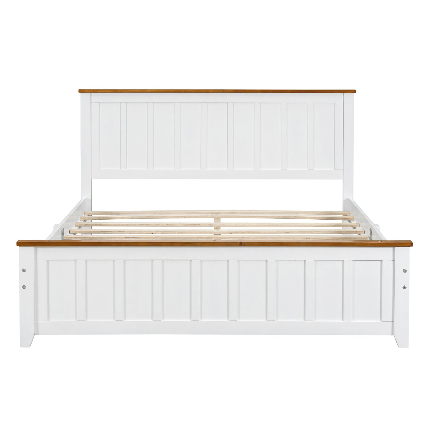 Queen Size Wood Platform Bed Wooden Slat Support, Vintage Simple Bed Frame with Rectangular Headboard and Footboard, White