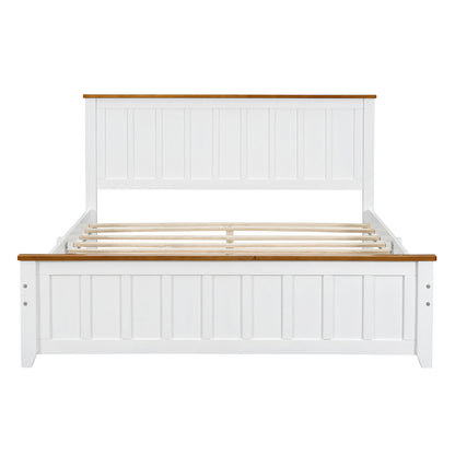 Queen Size Wood Platform Bed Wooden Slat Support, Vintage Simple Bed Frame with Rectangular Headboard and Footboard, White