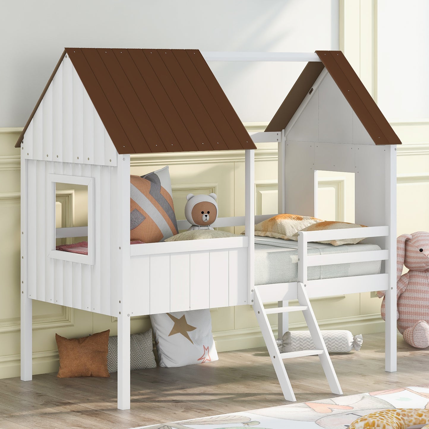 Twin Size Low Loft Wood House Bed with Two Side Windows  (White+Brown)(OLD SKU: LP000037AAD)