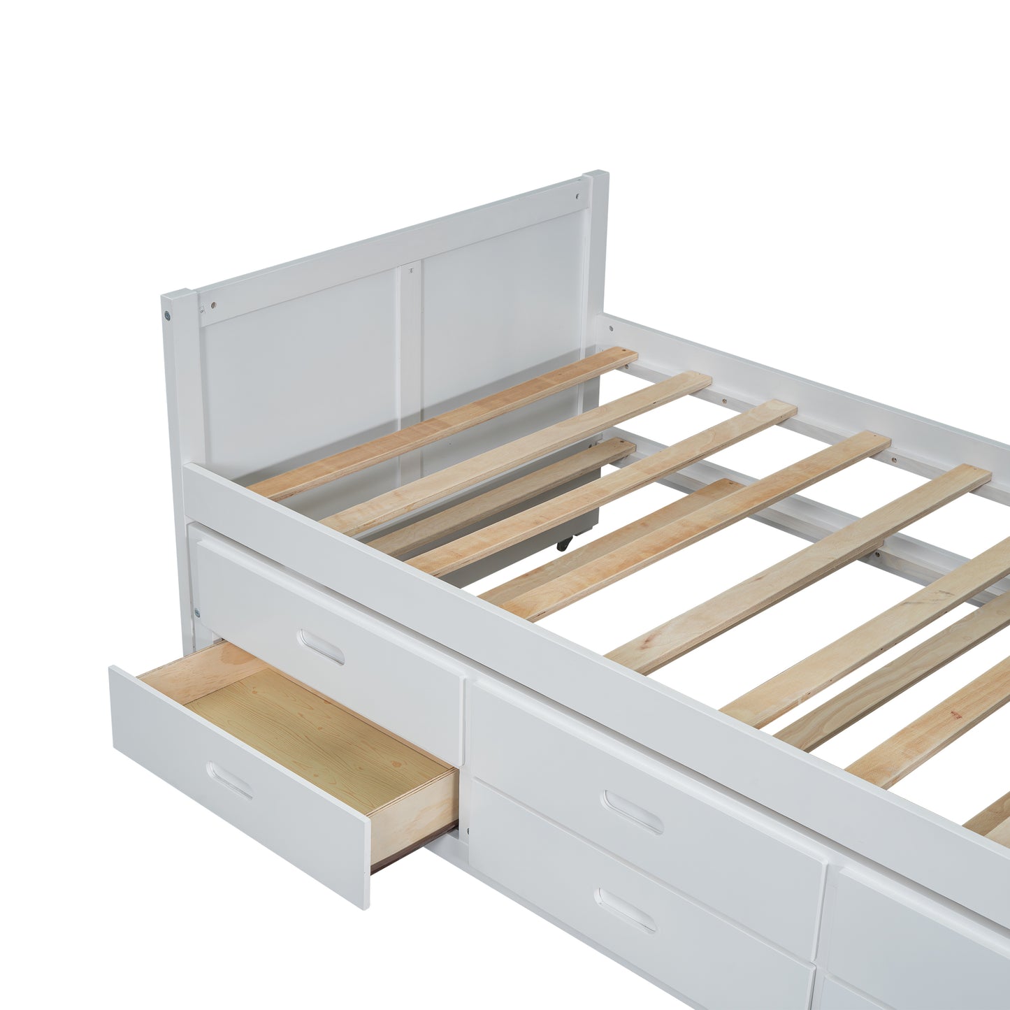 Twin Size Multifunctional Wood Platform Bed with Desk and Storage Shelf at the End of the Bed, Built-in Trundle and 3 Drawers, White