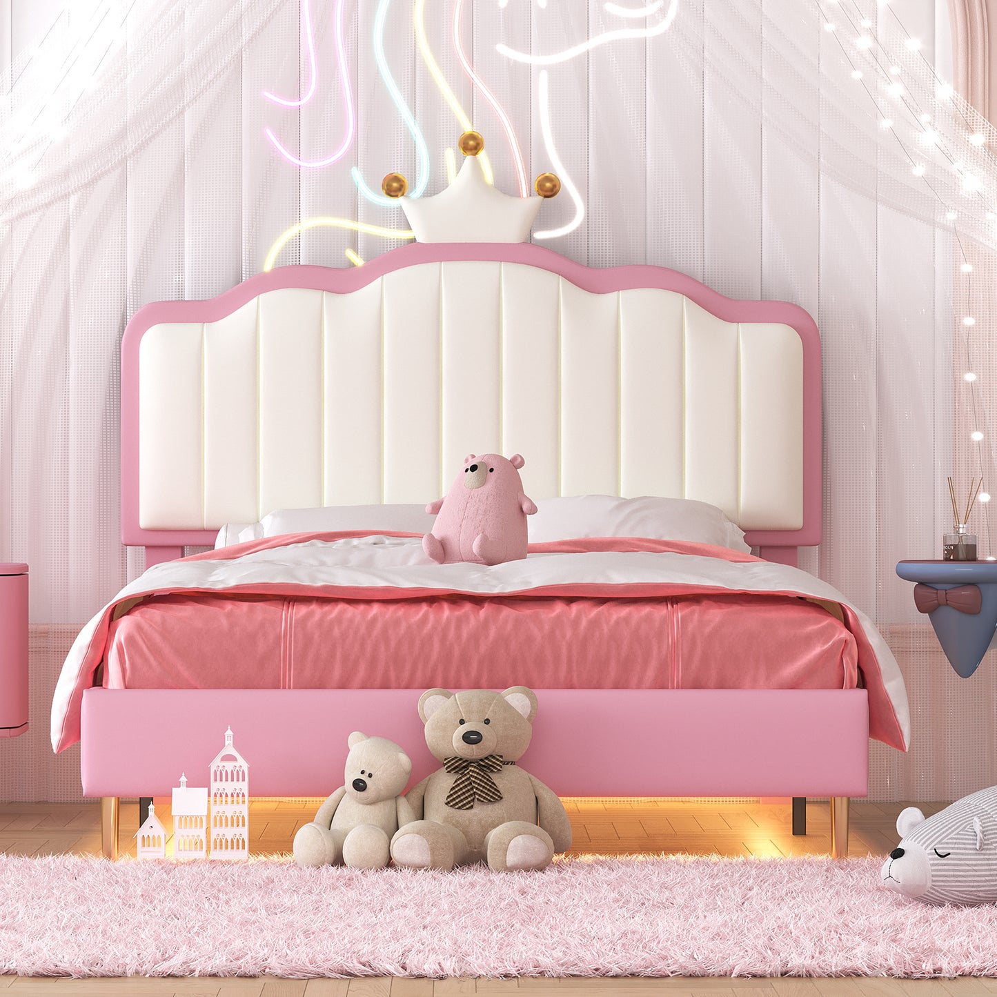 Twin size Upholstered Princess Bed With Crown Headboard, Platform Bed with  with Light Strips,Golden Metal Legs, White+Pink