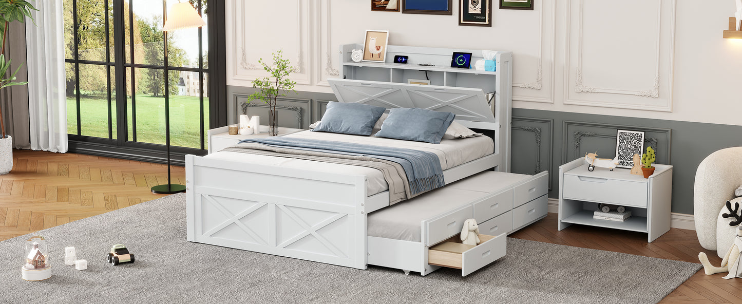 Full Size Wooden Bed with Storage Headboard with Outlets, Extendable Bed with Twin Size Trundle with Three Storage Drawers,White