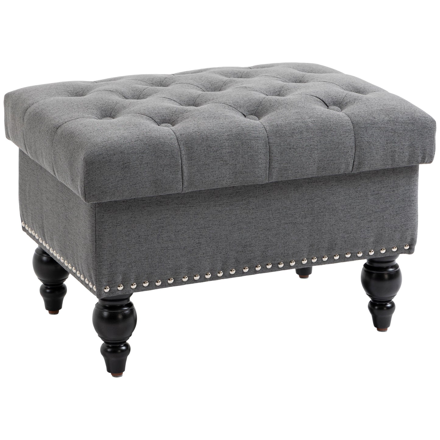 HOMCOM Ottoman with Storage for Living Room, 25' Storage Ottoman with Removable Lid, Button-Tufted Fabric Bench for Footrest and Seat with Wood Legs, Gray