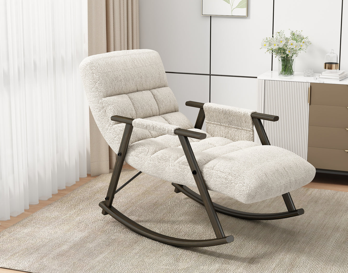 Casual folding rocking chair upholstered, lounge rocking chair adjustable high back and foot rest,side pockets placed in living room bedroom balcony