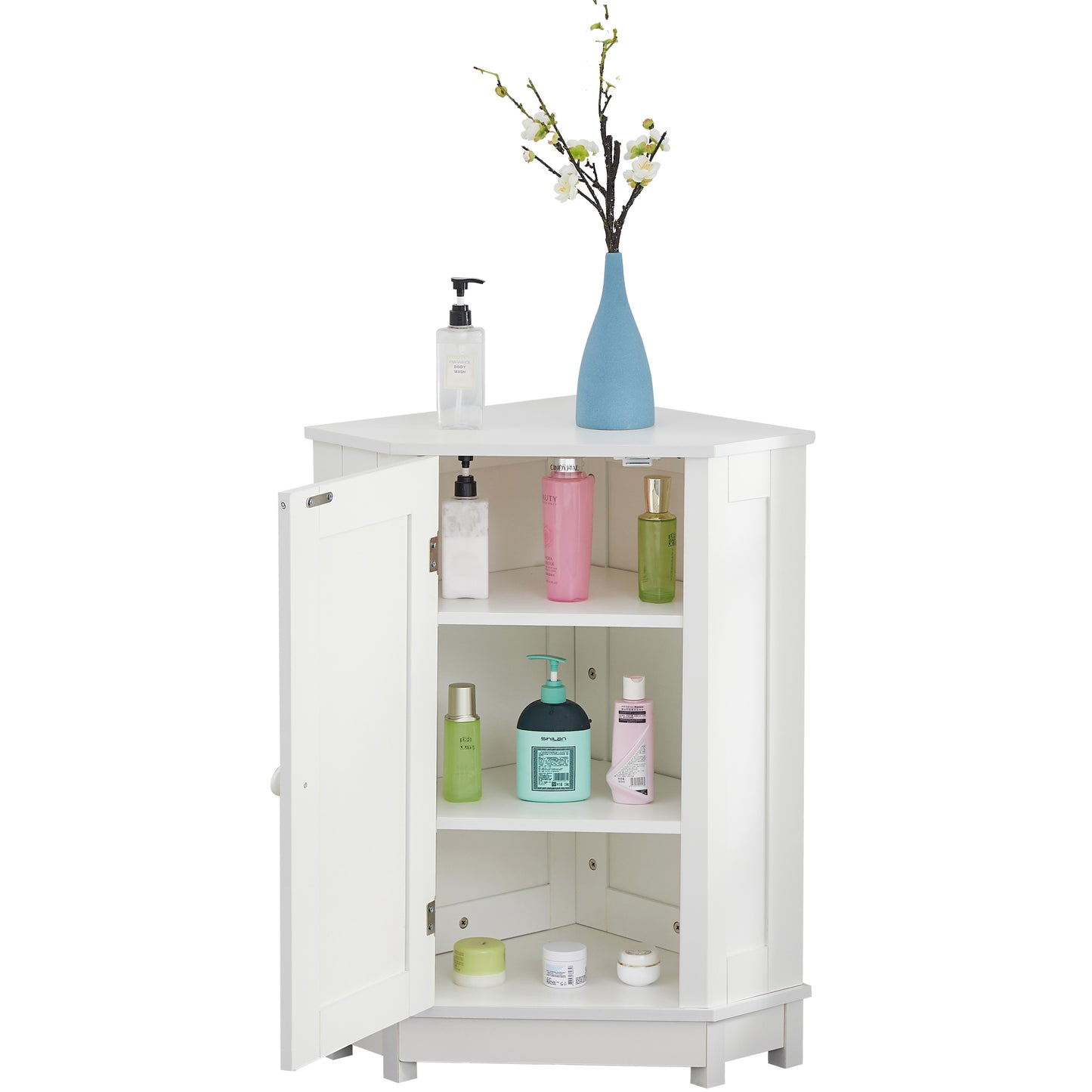 White Bathroom Cabinet Triangle Corner Storage Cabinet with Adjustable Shelf Modern Style MDF Board (Old SKU:WF291477AAK)