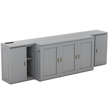 Queen Size Murphy Bed with Shelves, Cabinets and USB Ports,Gray