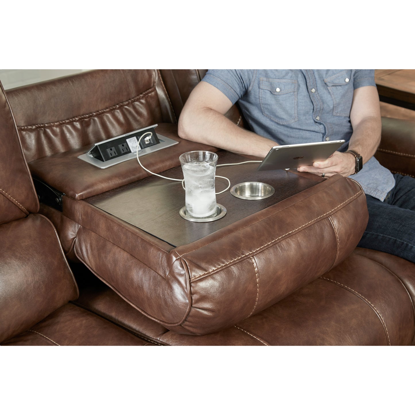 Achern Brown Leather-Air Nailhead Manual Reclining Sofa with Storage Console and USB Port