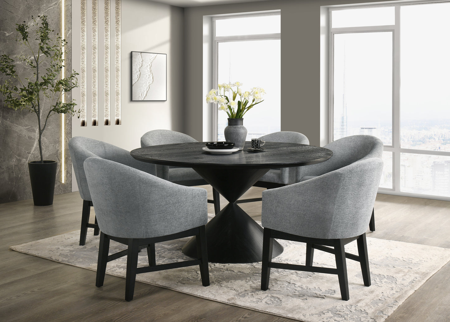 Haven 7Pc 59' Round Ebony Black Pedestal Dining Set with Hourglass Table Base and Gray Barrel Chairs