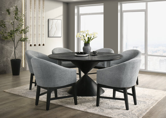 Haven 7Pc 59' Round Ebony Black Pedestal Dining Set with Hourglass Table Base and Gray Barrel Chairs