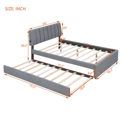 Teddy Fleece Full Size Upholstered Platform Bed with Twin size Trundle, Gray